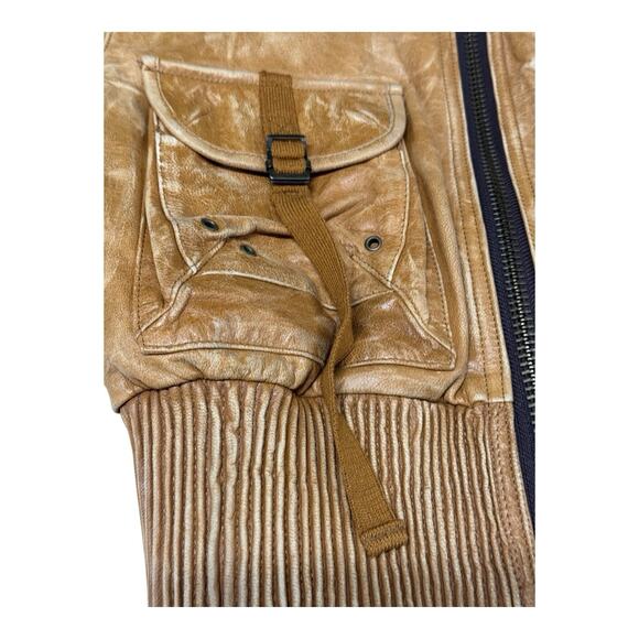 Vintage DA-NANG S Brown Distressed Leather Ribbed Knit Waistband Bomber Jacket - Picture 4 of 16